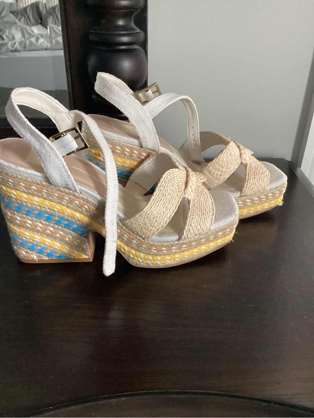 Dolce Vita Beige Woven Espadrille Platform Sandals with Yellow & Blue Accents